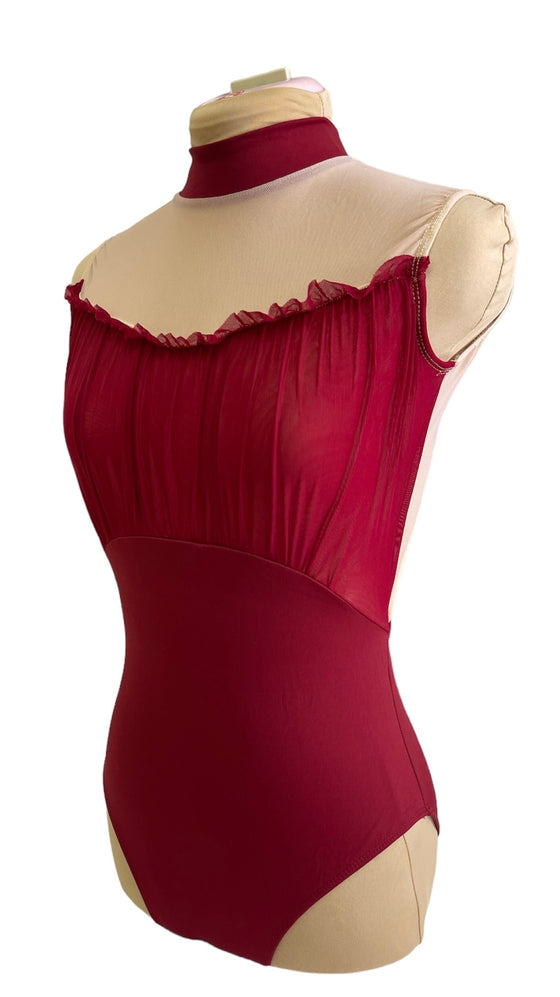 Adult Wine Red Leo with front lace and nude open back #353-686