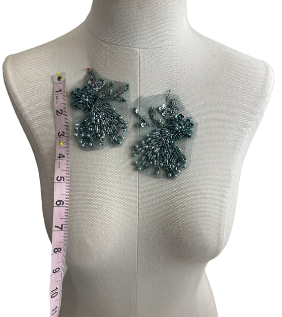 Emerald Green Appliques with 3D Flower, Beads and pearls