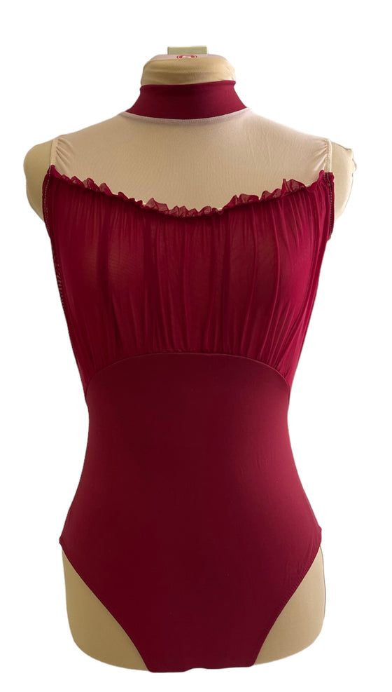 Adult Wine Red Leo with front lace and nude open back #353-686