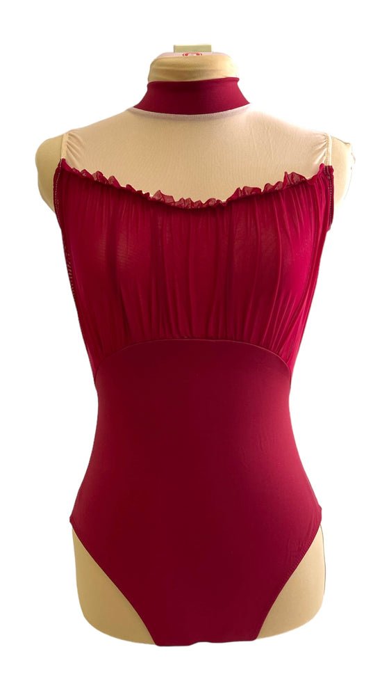 Adult Wine Red Leo with front lace and nude open back #353-686