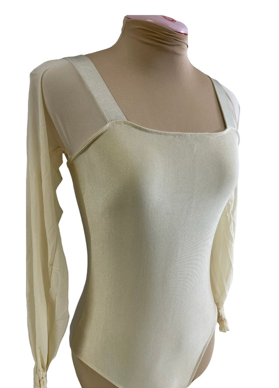 Light Gold Leo with long mesh sleeves ruched at the wrist #222-772