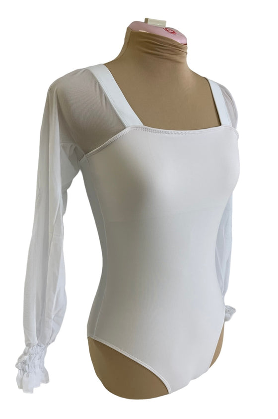 White Leo with long mesh sleeves ruched at the wrist #222-772