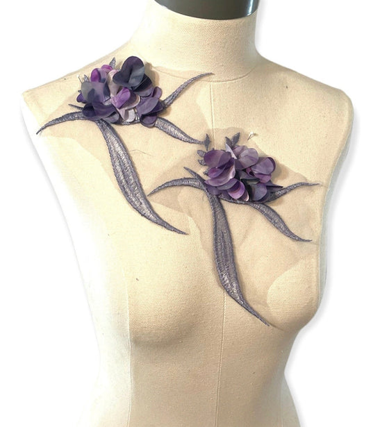 Pair of Purple and Gray appliques with 3D flowers