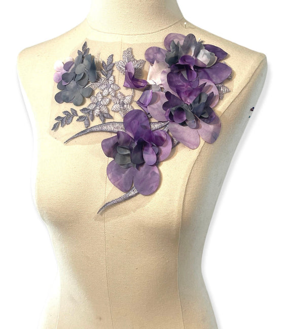 Purple and Grey appliques with 3D flowers