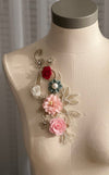 3D flowers with pearls and crystals on gold lace appliqués #798-771