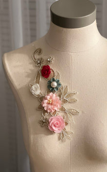  3D flowers with pearls and crystals on gold lace appliqués #798-771