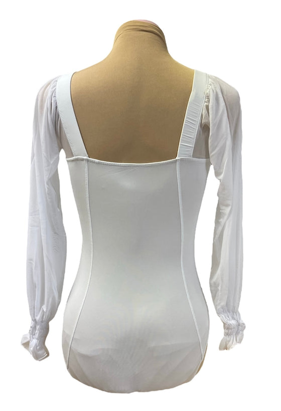 White Leo with long mesh sleeves ruched at the wrist #222-772