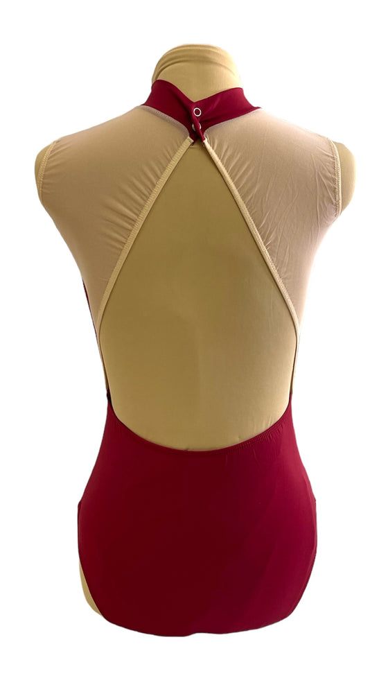 Adult Wine Red Leo with front lace and nude open back #353-686