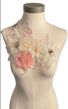  3D White and Peach flowers lace appliqués #146-917