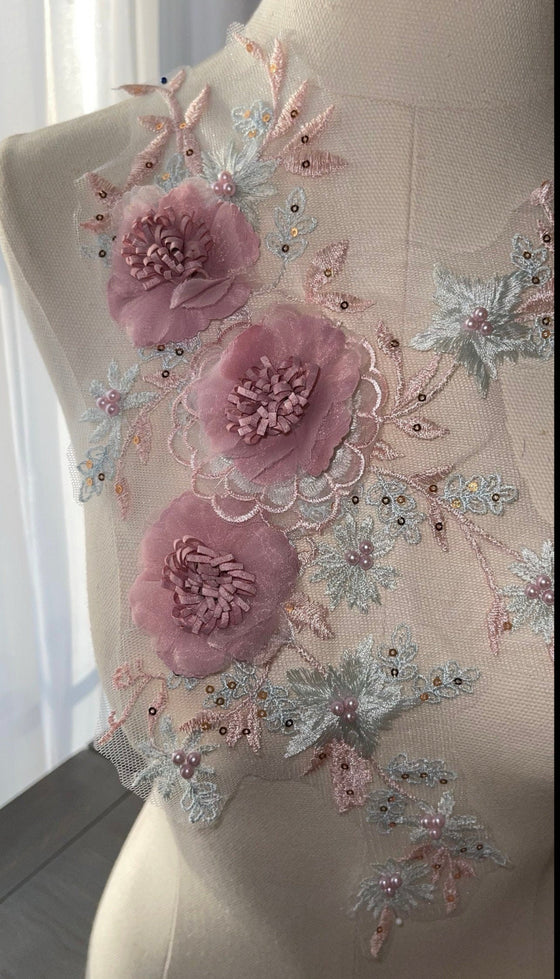 3D Flowers Pink and baby blue appliqués #146-917