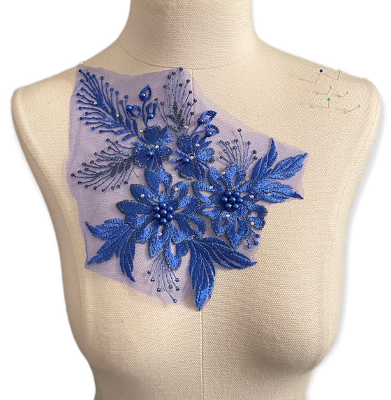 Royal Blue Floral Appliques with Rhinestones and Pearls #273-831