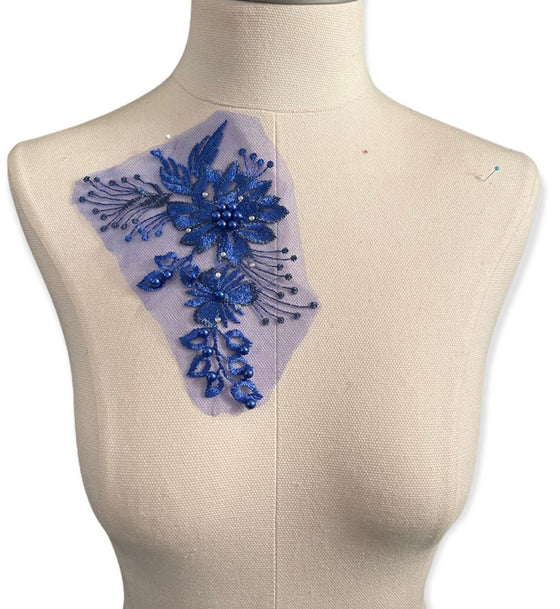 Royal Blue Floral Appliques with Rhinestones and Pearls #273-831