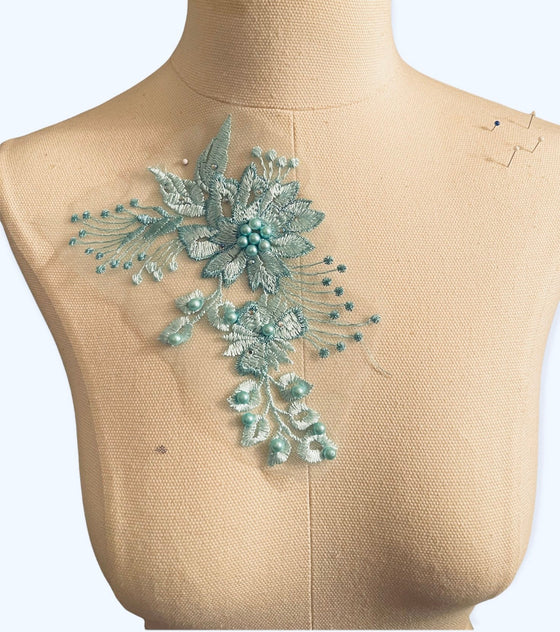 Mint Green Floral Appliques with Rhinestones and Pearls #273-831