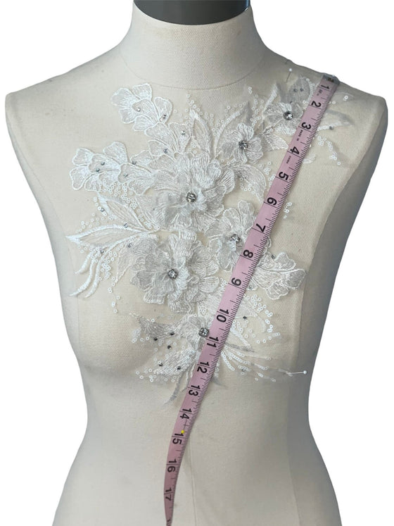 White 3D flowers with crystal center lace appliqué