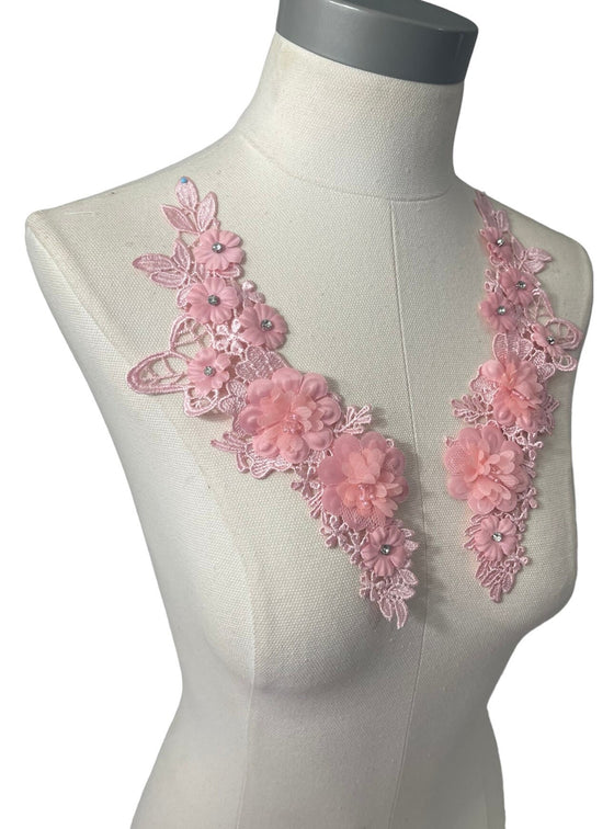 Pair of 3D Pink Flowers embroidered applique with pearls and crystals