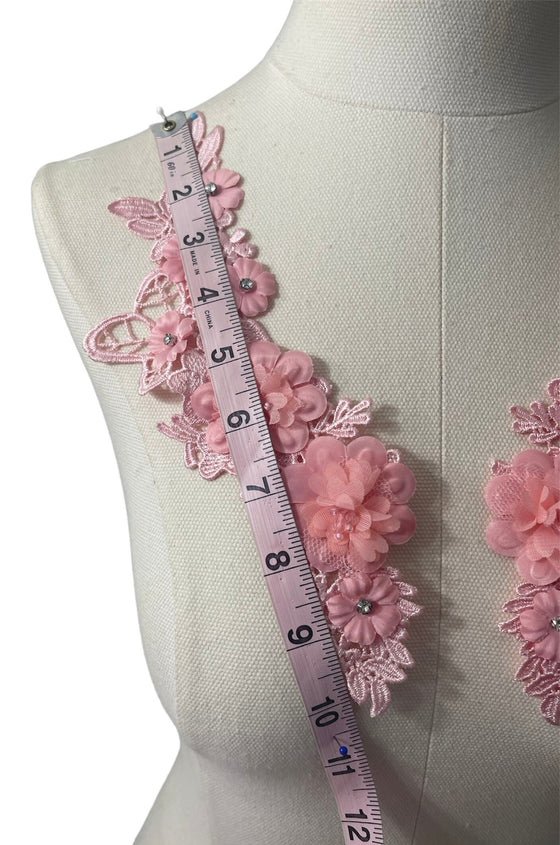 Pair of 3D Pink Flowers embroidered applique with pearls and crystals