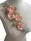 3D Peach Flowers with Large Crystals on Gold Lace