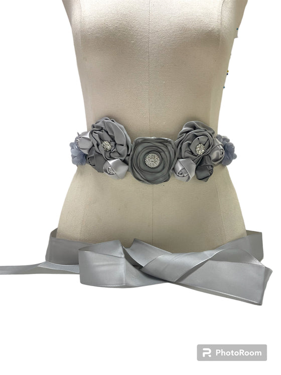 Large Gray Flower Sash with Crystals #798-771