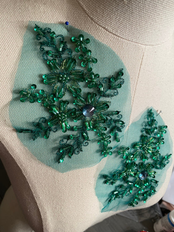 Emerald green with gold threading appliqués