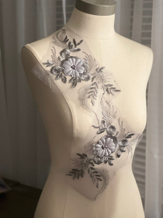 Pair of Gray 3D flowers lace appliqués with pearls #798-771