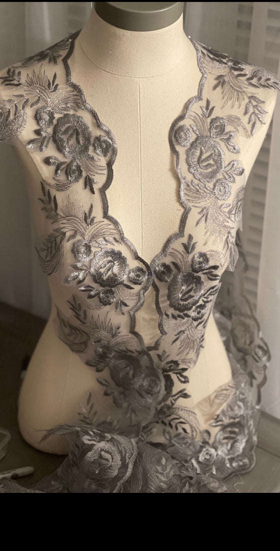 Gray lace trim with pearls by the yard