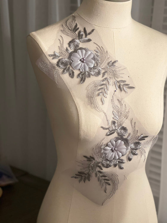 Pair of Gray 3D flowers lace appliqués with pearls #798-771