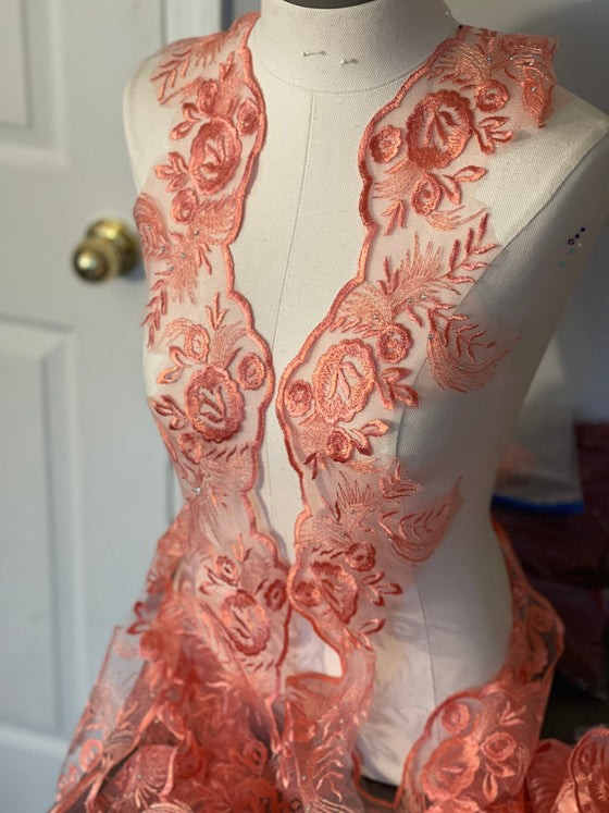 Peach 3D flower lace trim by the yard with pearls