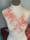 Pair of Coral 3D flowers lace appliqués with pearls each 10.5 inches long