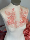 Pair of Coral 3D flowers lace appliqués with pearls each 10.5 inches long