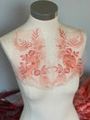 Pair of Coral 3D flowers lace appliqués with pearls each 10.5 inches long