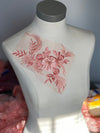 Pair of Coral 3D flowers lace appliqués with pearls each 10.5 inches long