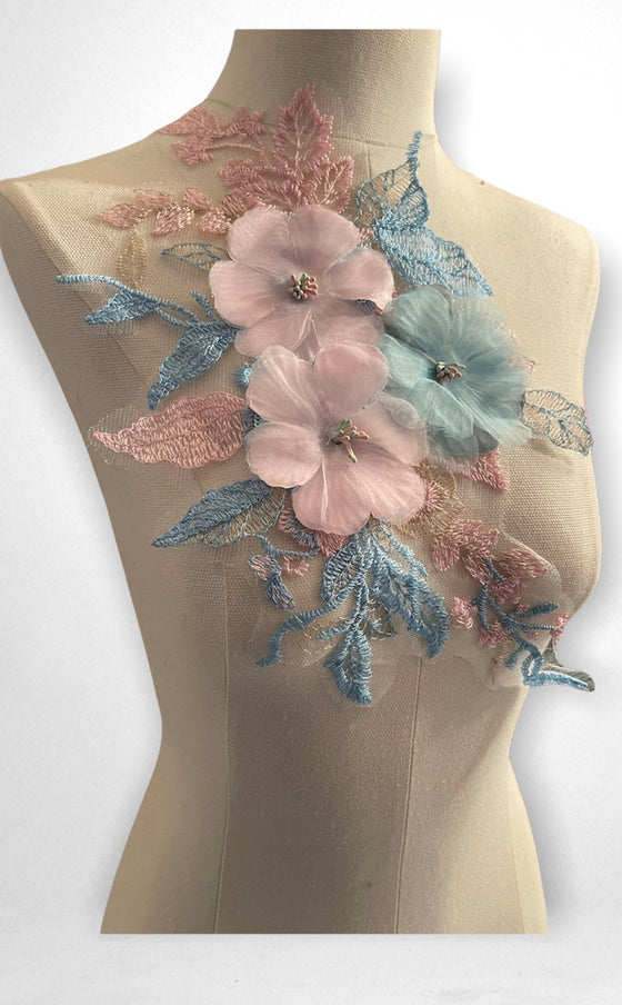 3D Flowers Pink and Teal Appliqués