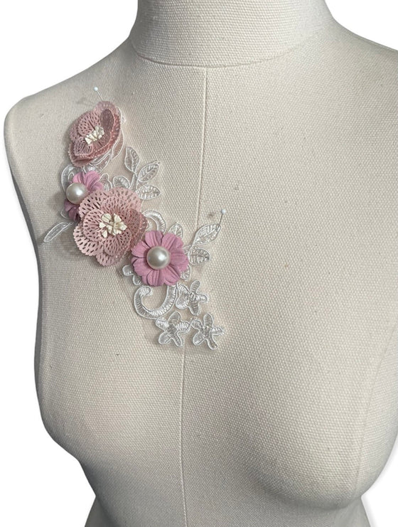 3D Pink and White Floral Appliqué with Pearls #798-771