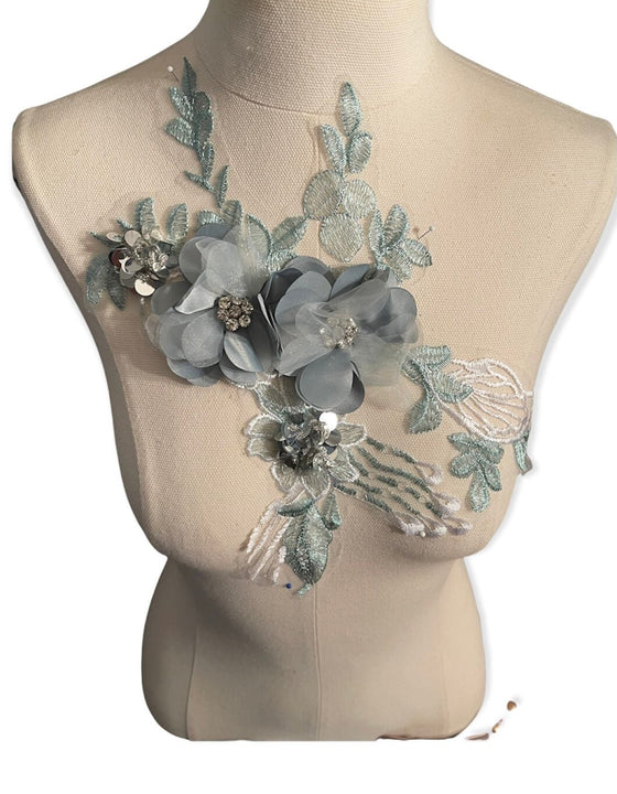 sage 3d floral applique with rhinestone