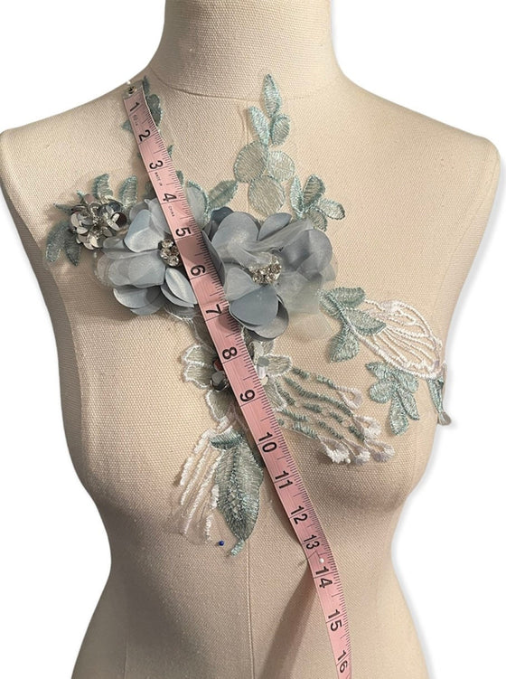 sage 3d floral applique with rhinestone