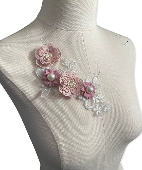 3D Pink and White Floral Appliqué with Pearls #798-771