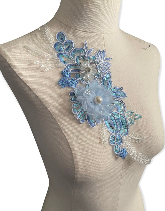 3D Blue Floral Appliqué with Pearl and Sequins #798-771