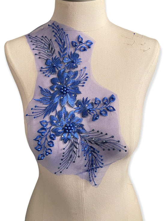 Royal Blue Floral Appliques with Rhinestones and Pearls #273-831