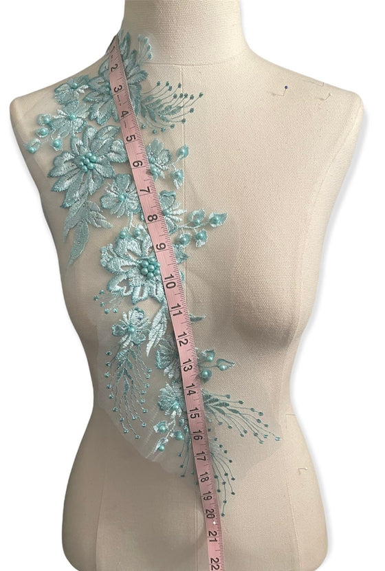 Mint Green Floral Appliques with Rhinestones and Pearls #273-831