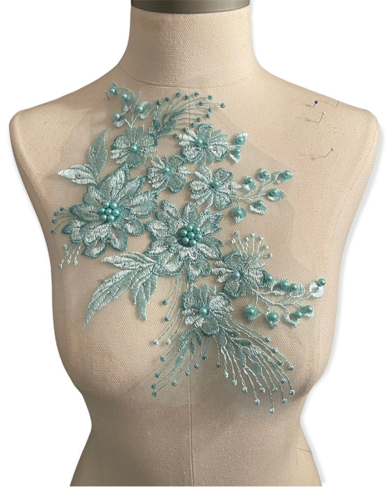 Mint Green Floral Appliques with Rhinestones and Pearls #273-831