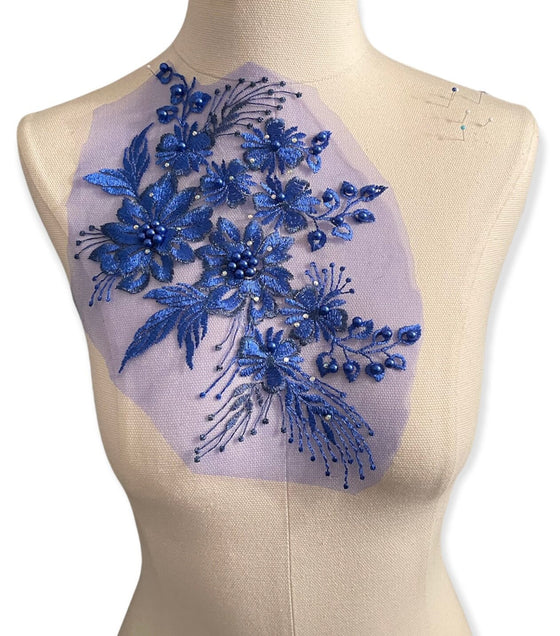 Royal Blue Floral Appliques with Rhinestones and Pearls #273-831