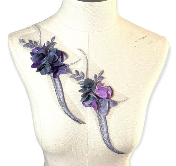 Pair of Purple and Gray appliques with 3D flowers