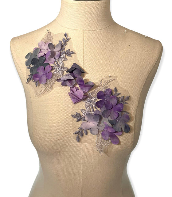 Pair of Purple and Grey appliques with 3D flowers