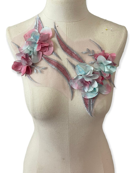 Pair of Pink and Light Blue Appliques with 3D Flowers