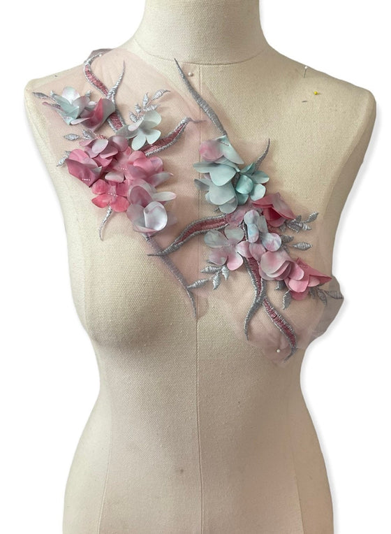 Pair of Pink and Light Blue Appliques with 3D Flowers