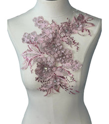  Pink 3D flower with crystal center lace applique #146-917