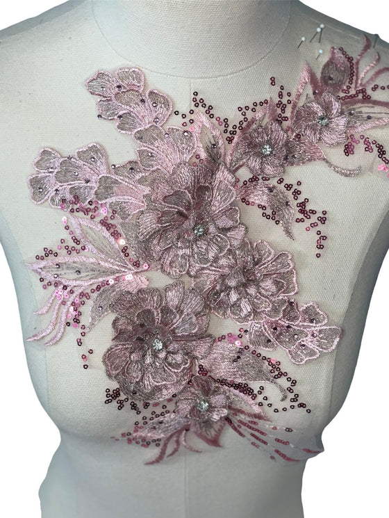 Pink 3D flower with crystal center lace applique #146-917