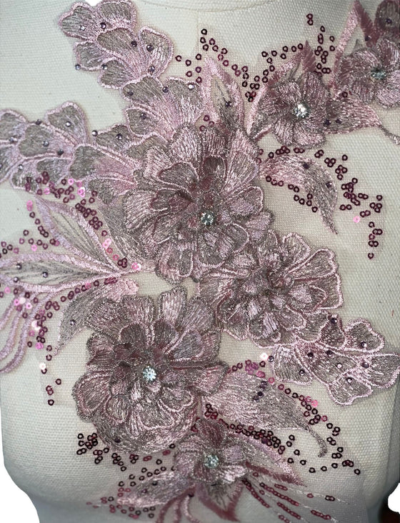 Pink 3D flower with crystal center lace applique #146-917