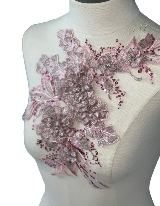 Pink 3D flower with crystal center lace applique #146-917