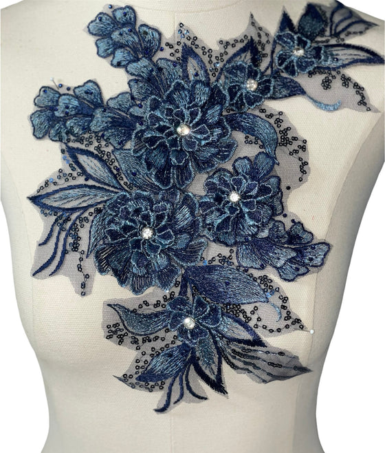 Blue 3D flower with crystal center  lace applique